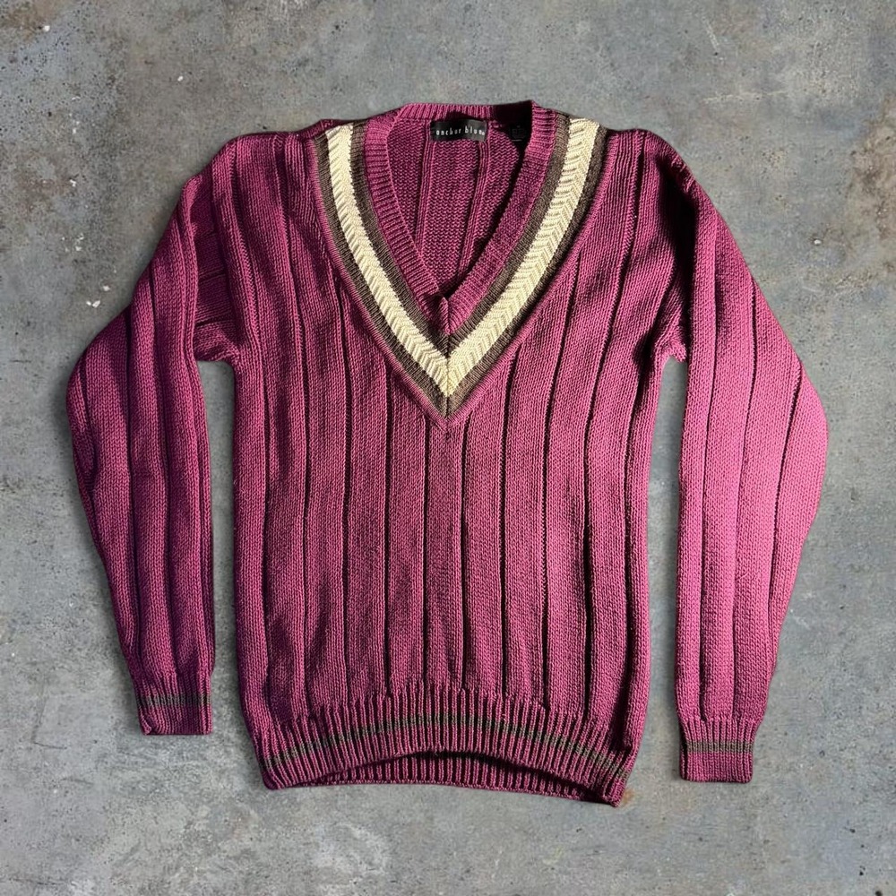 Anchor Blue Purple V Neck Cable Knit Sweater Preppy Grandpa Core Womens Size M